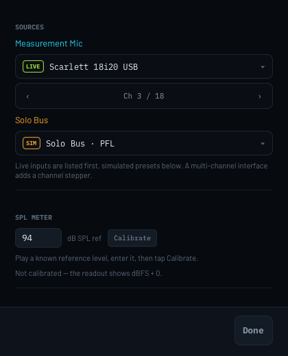 The Preferences window: an input device and channel picker for each source, and the SPL calibration field.